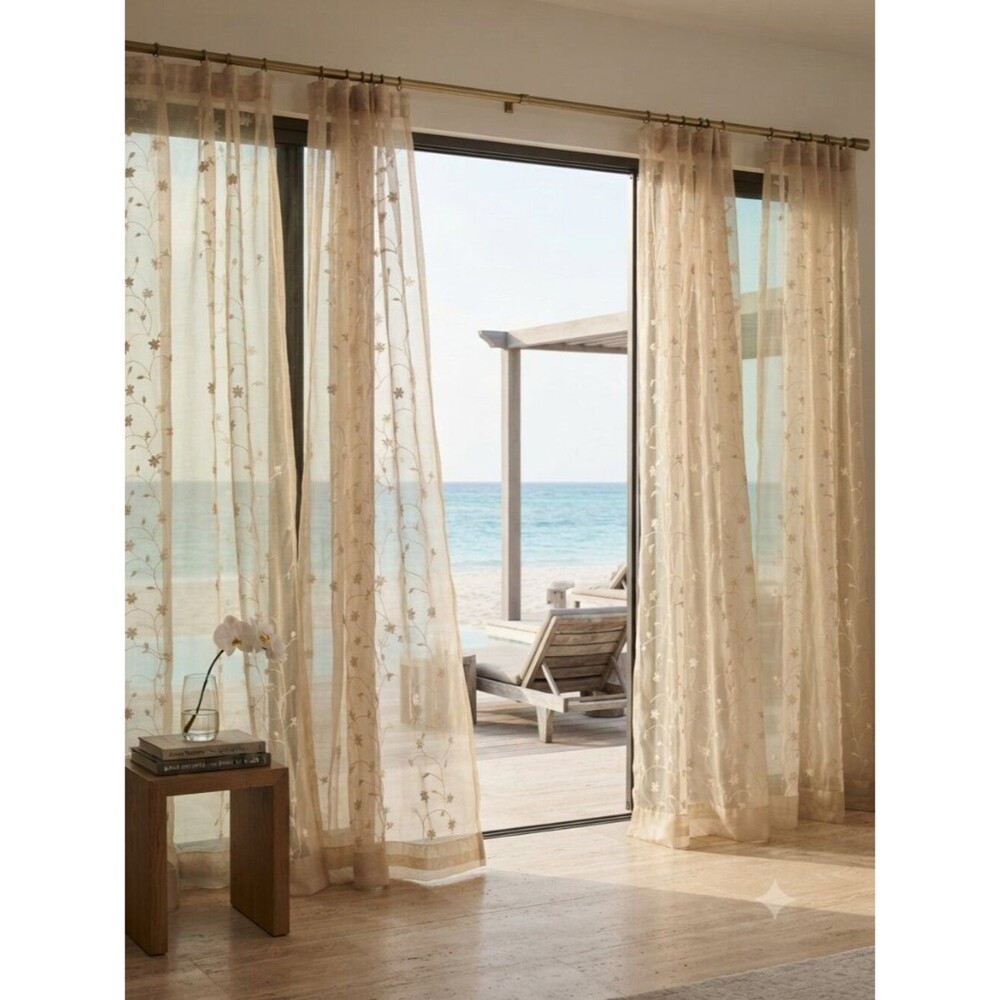 Pair Of 2 Champagne Sheer Embroidered Floral Curtain Panels 84" X 100"